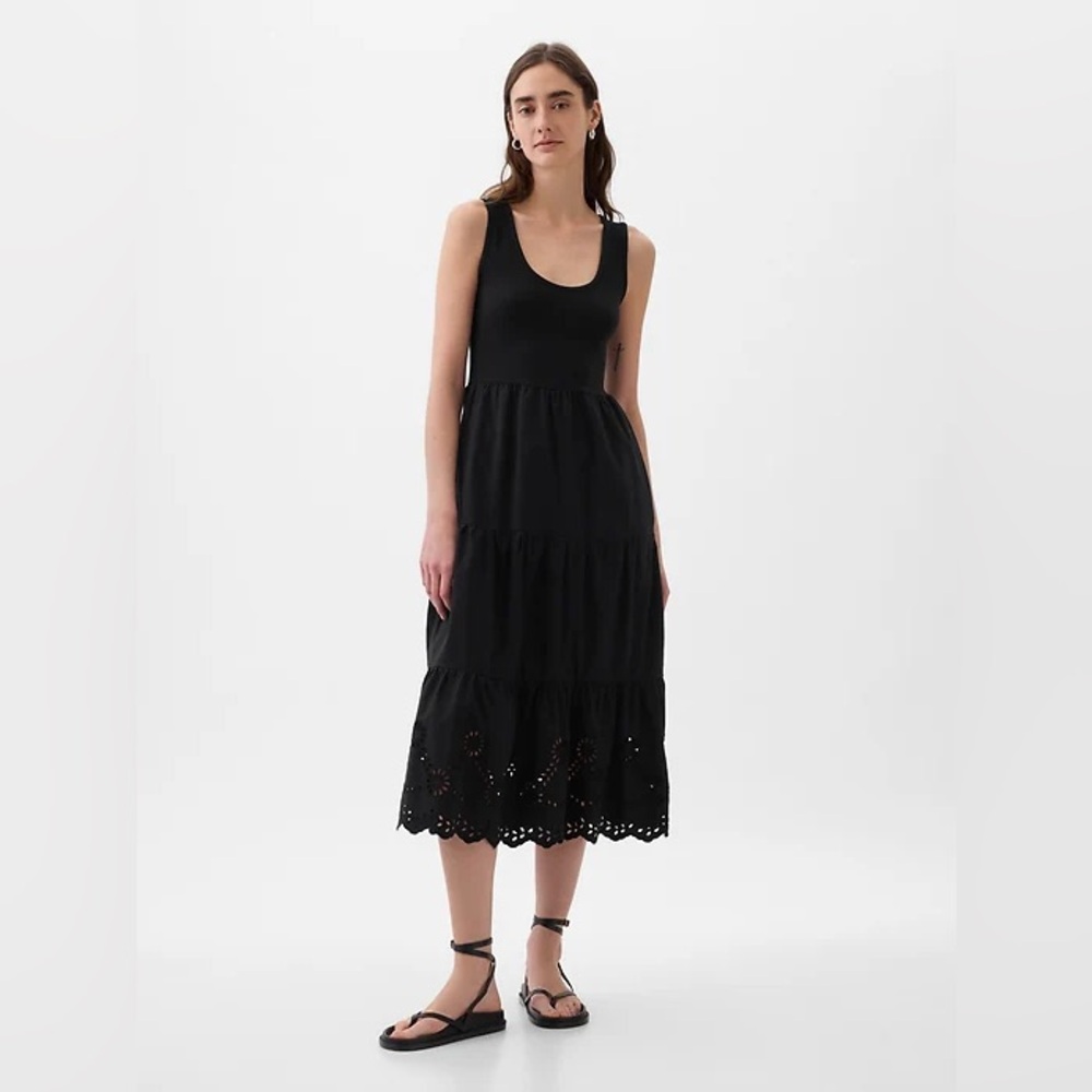 GAP Black Sleeveless Tank Midi Dress with Embroidery and Cut Outs on Hem